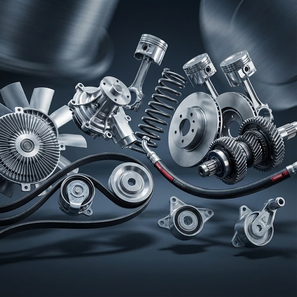 Automotive spare parts collage: silver fan, pistons, belt tensioner, v-belt, pulley, hose, brake discs, suspension coil, gearbox components, water pump